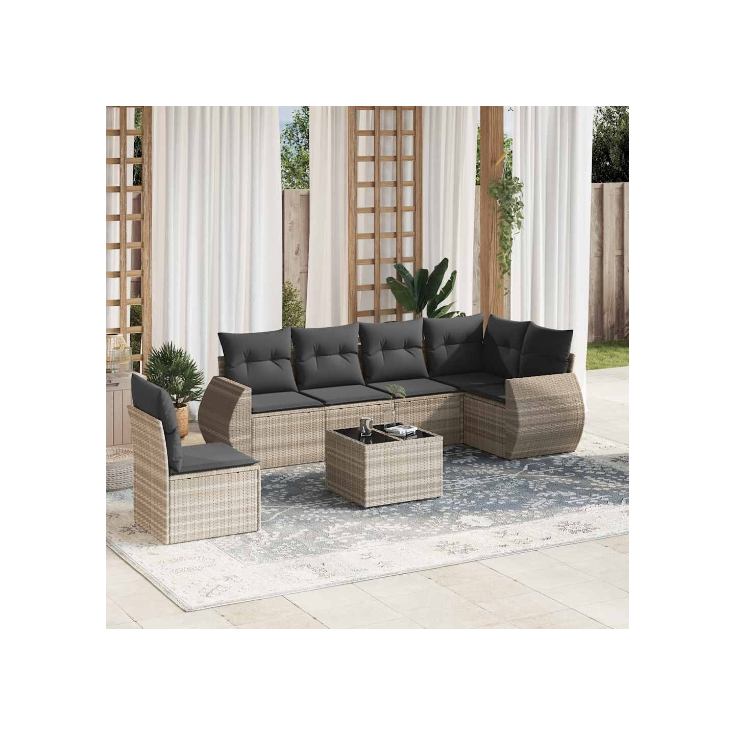 Salon de jardin avec coussins 7 pcs gris clair résine tressée