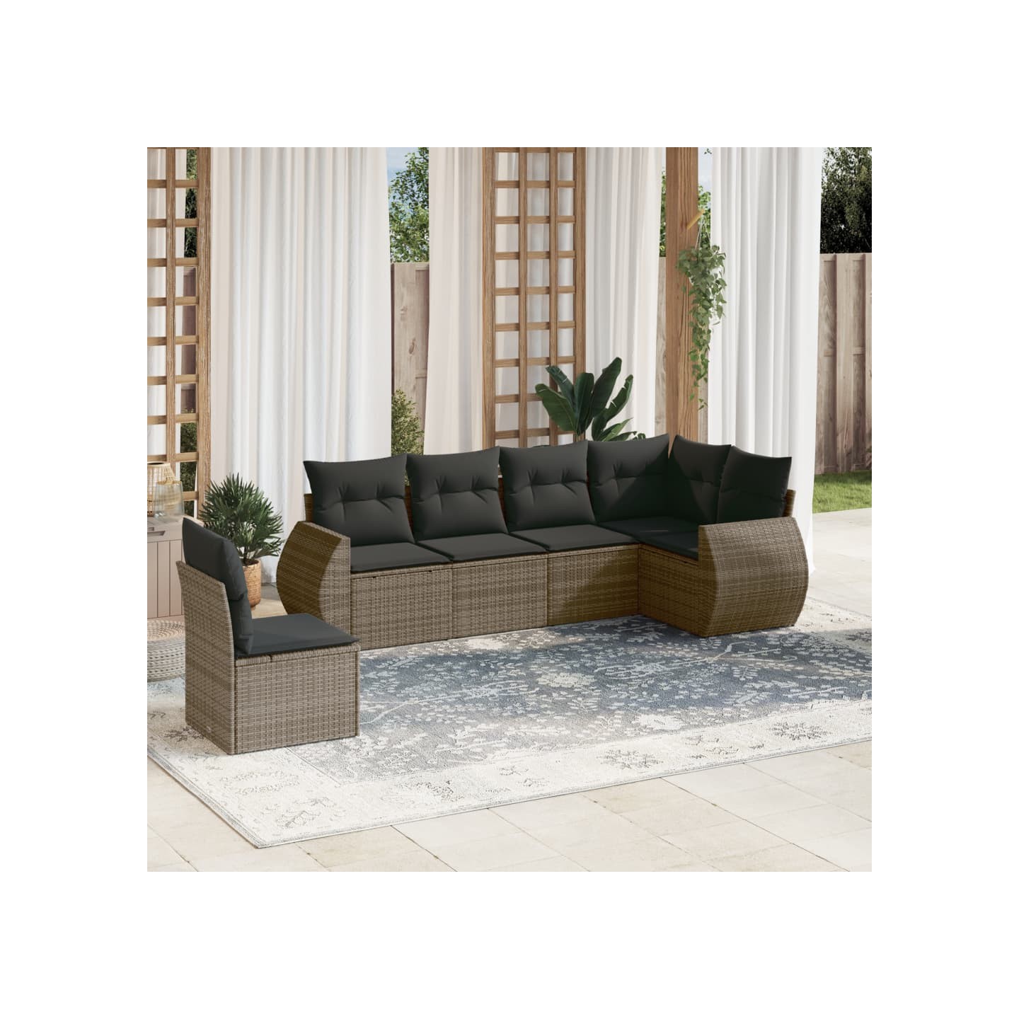 Salon de jardin 6 pcs avec coussins gris résine tressée