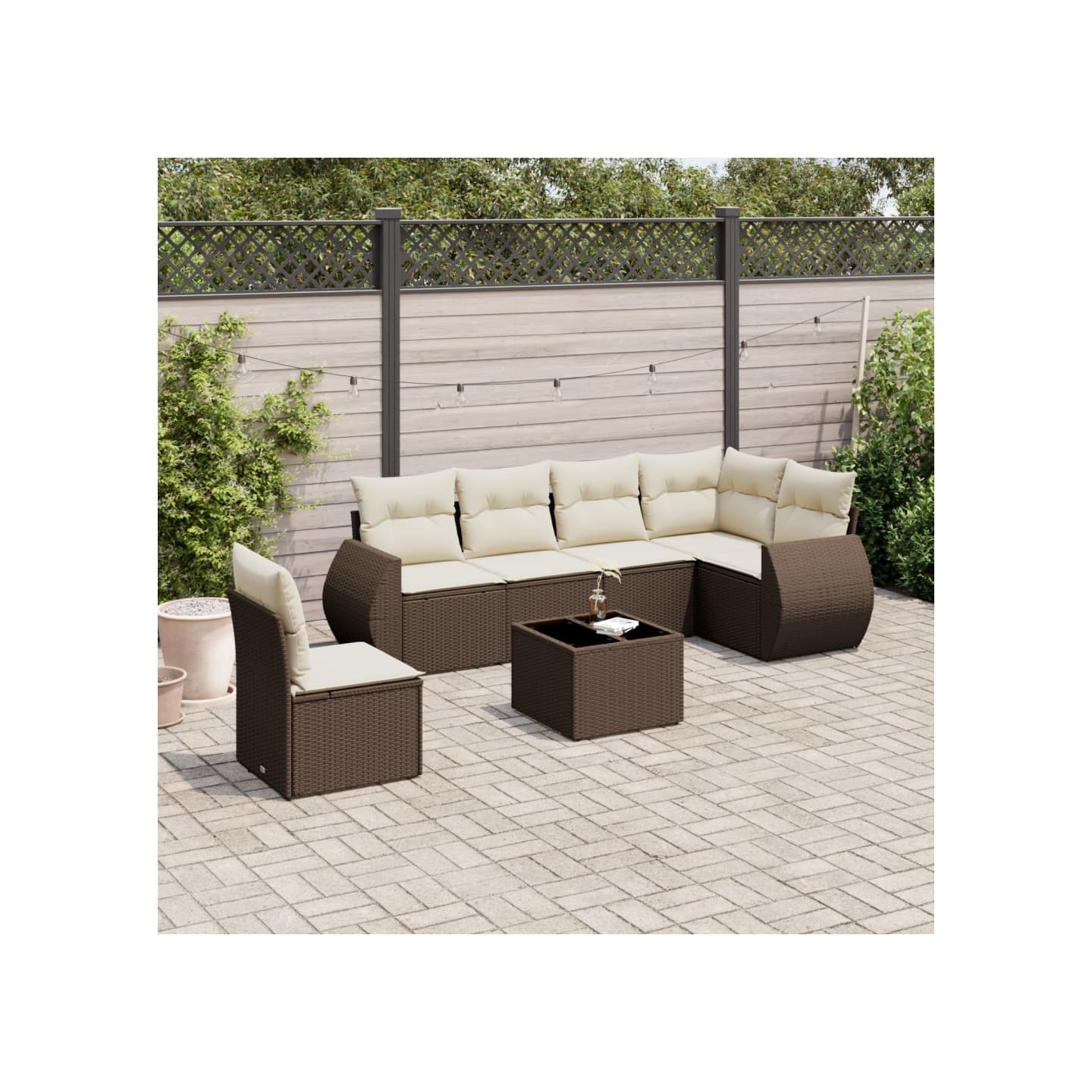 Salon de jardin avec coussins 7 pcs marron résine tressée