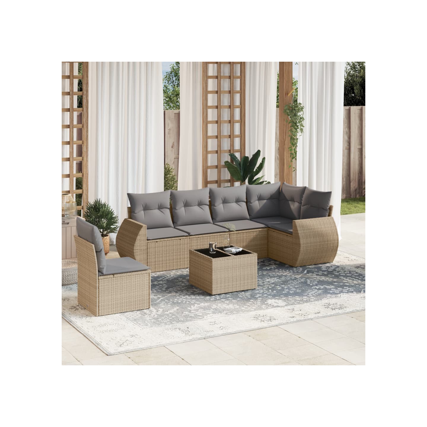 Salon de jardin avec coussins 7 pcs beige résine tressée