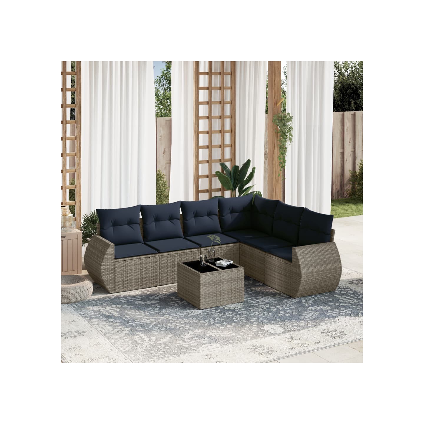 Ensemble de canapé de jardin 7 pcs avec coussins gris résine tressée