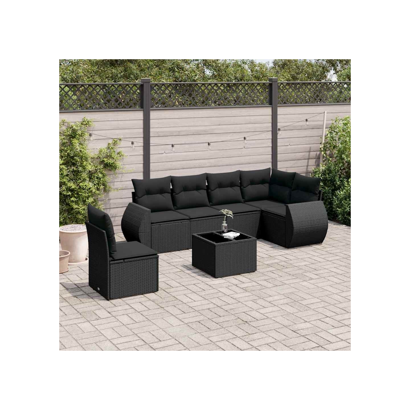 Salon de jardin 7 pcs avec coussins noir résine tressée