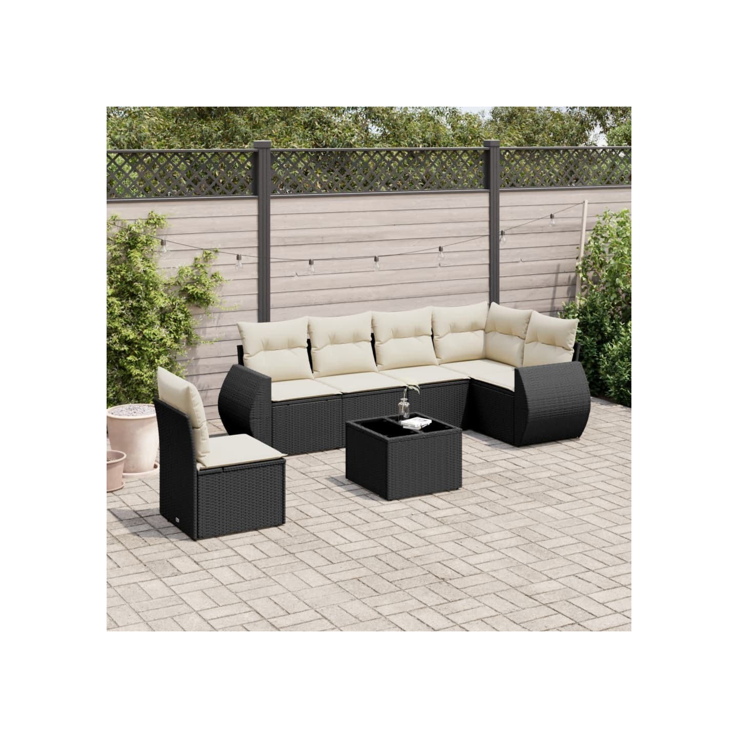 Salon de jardin 7 pcs avec coussins noir résine tressée