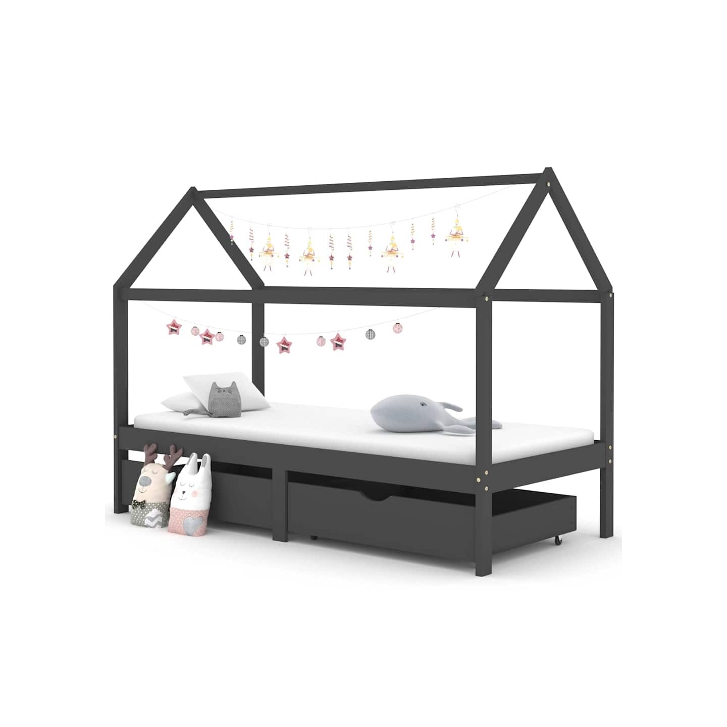 Cadre de lit d'enfant avec tiroirs Gris foncé Pin 90x200 cm