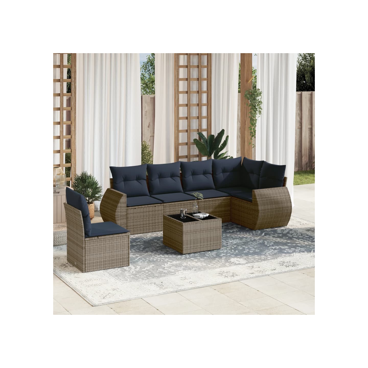 Ensemble de canapé de jardin 7 pcs avec coussins gris résine tressée