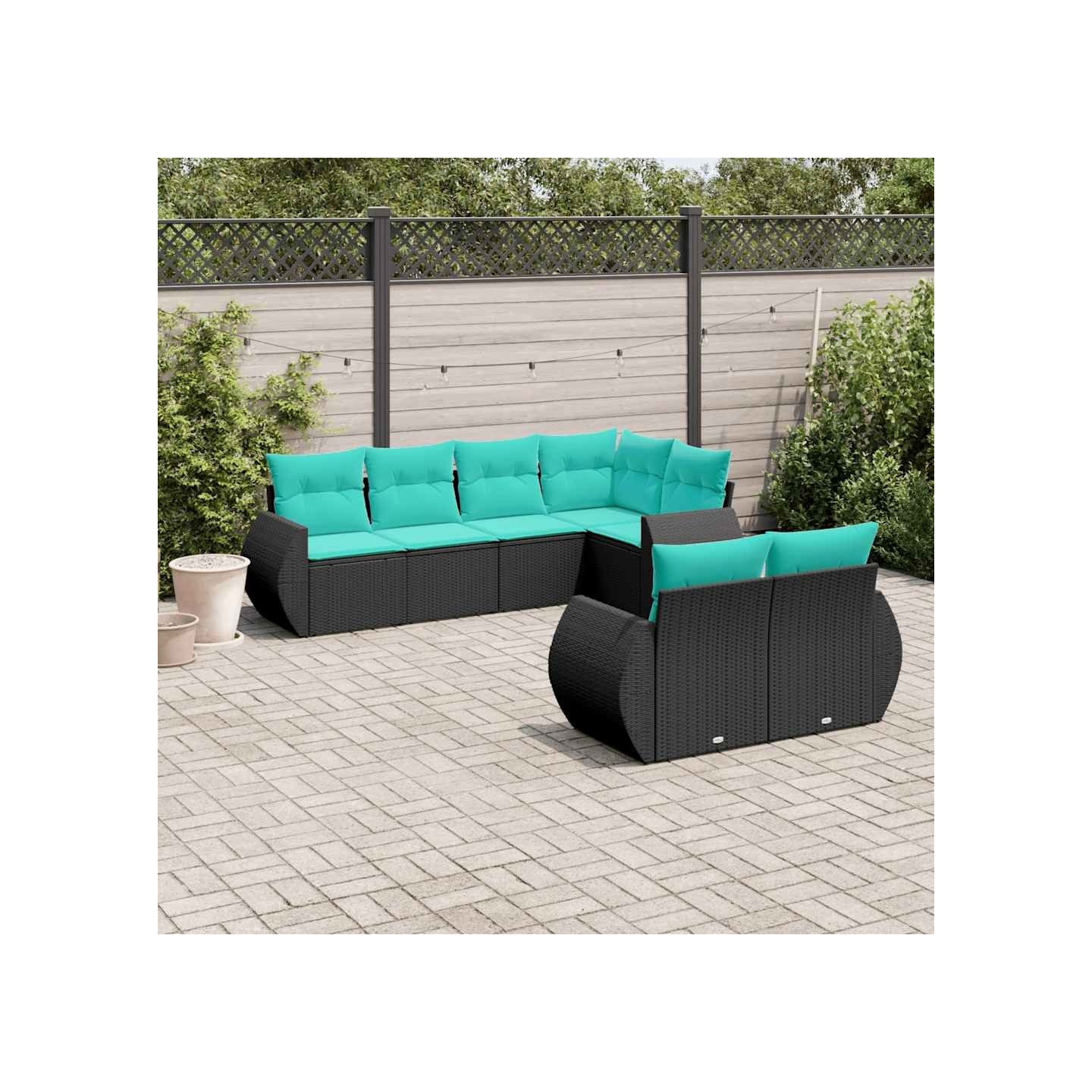 Salon de jardin 7 pcs avec coussins noir résine tressée