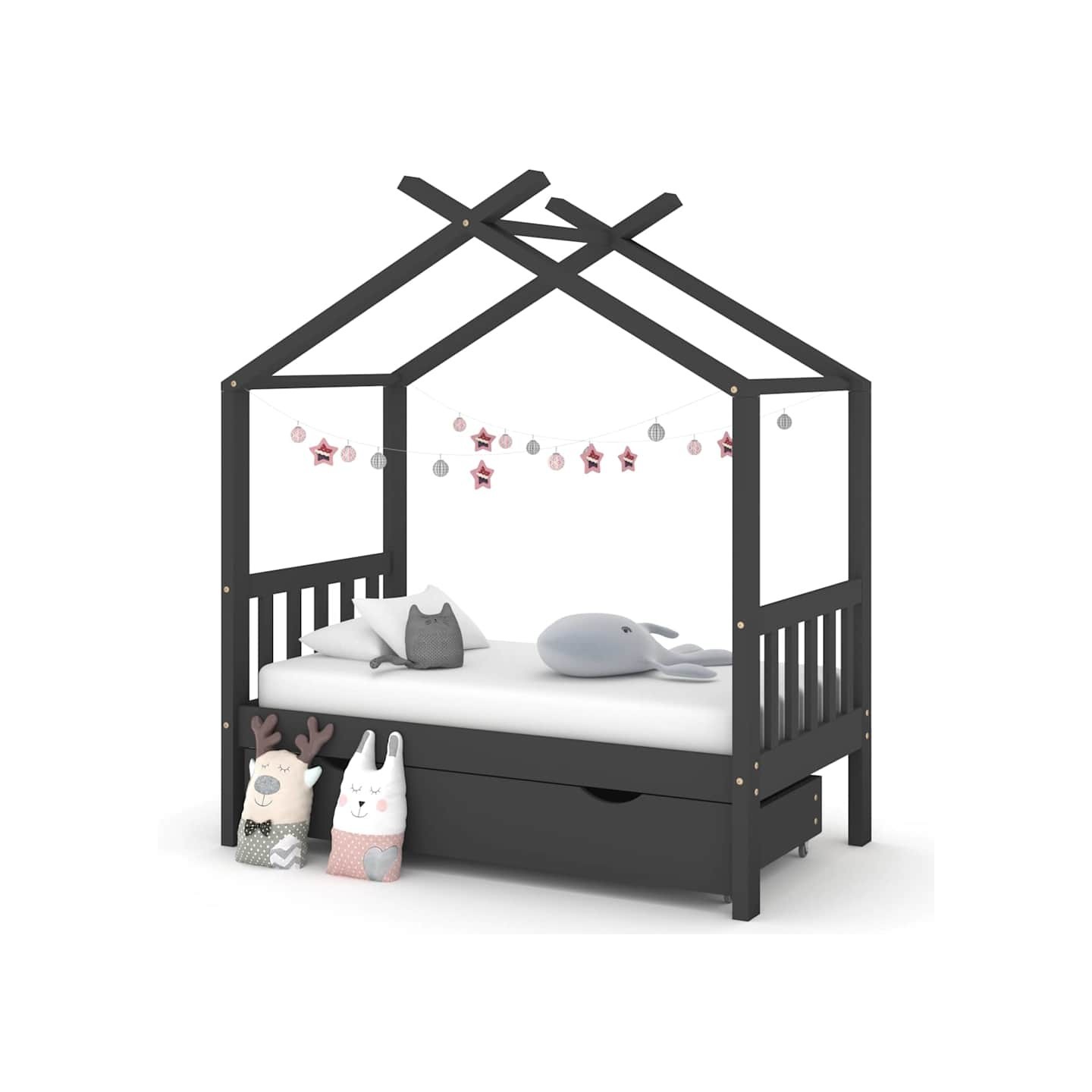Cadre de lit enfant avec tiroir gris foncé pin massif 70x140 cm
