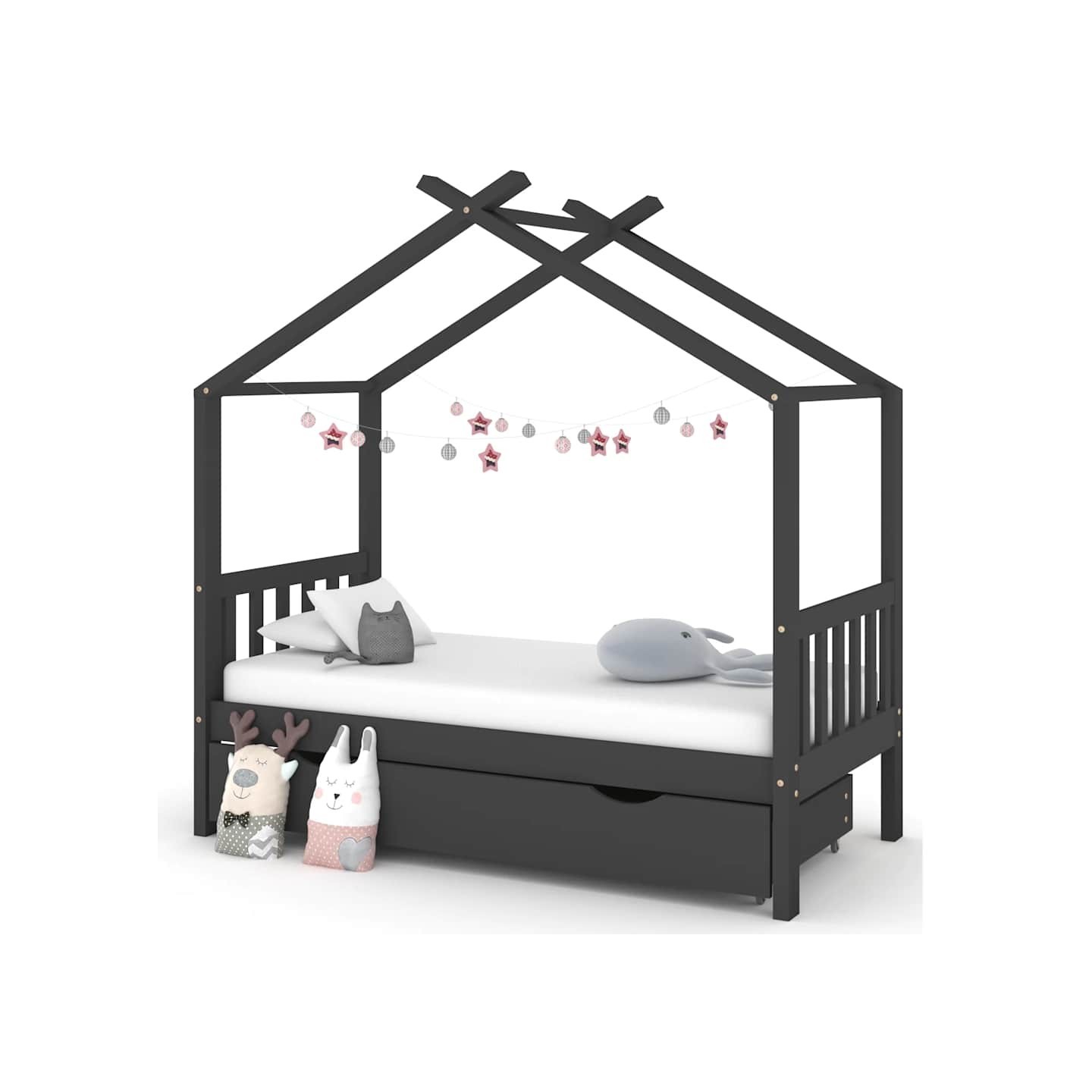 Cadre de lit enfant avec tiroir gris foncé pin massif 80x160 cm