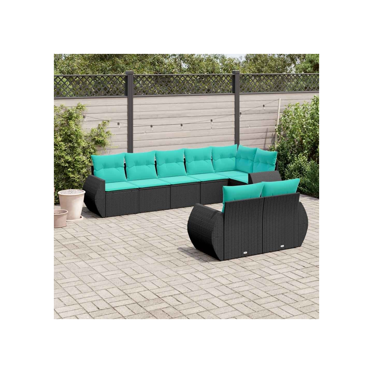 Salon de jardin 8 pcs avec coussins noir résine tressée