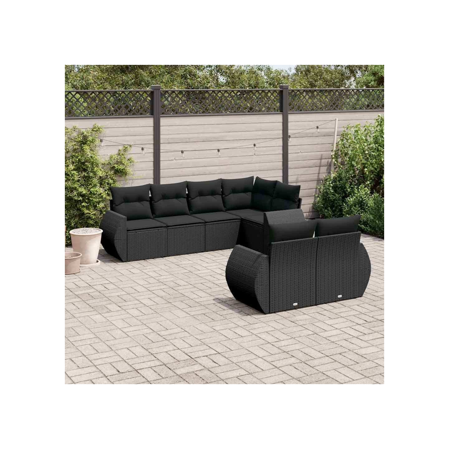 Salon de jardin 7 pcs avec coussins noir résine tressée