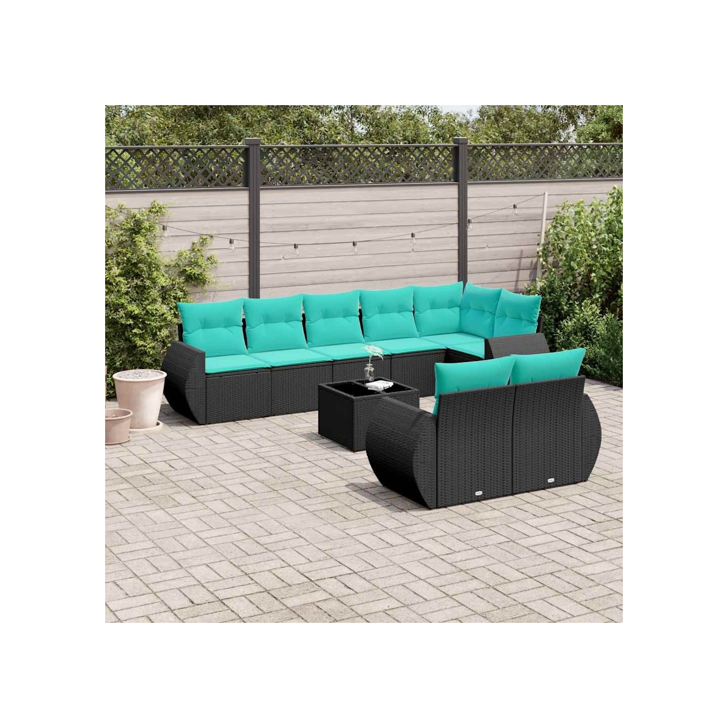 Ensemble de canapé de jardin 9 pcs avec coussins noir résine tressée