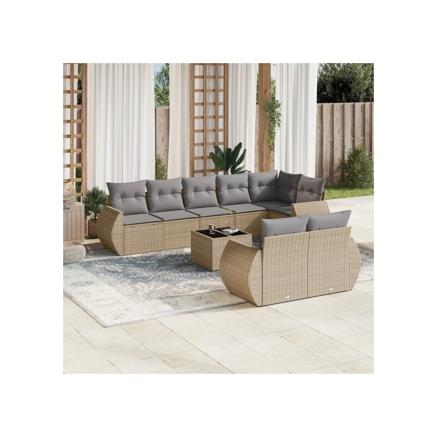 Salon de jardin avec coussins 9 pcs beige résine tressée