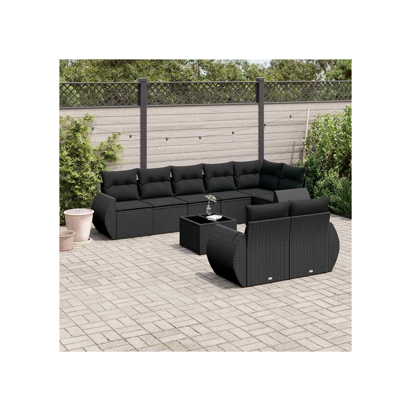 Salon de jardin 9 pcs avec coussins noir résine tressée