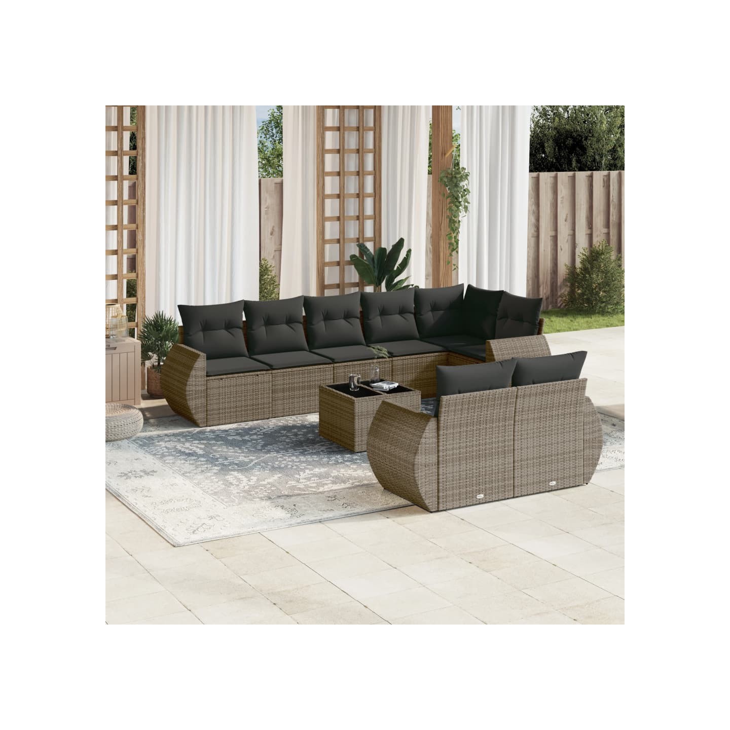 Salon de jardin 9 pcs avec coussins gris résine tressée