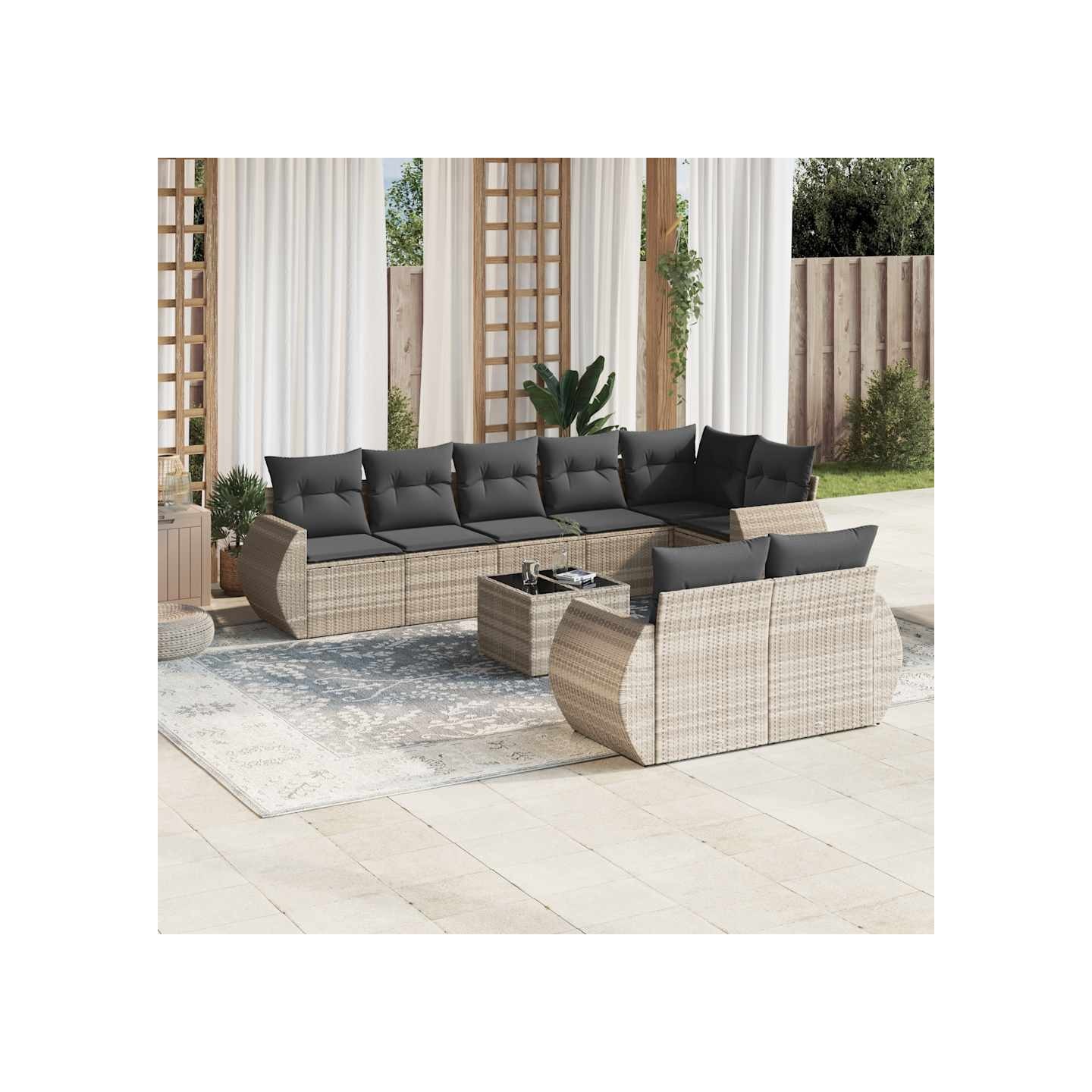 Salon de jardin 9 pcs avec coussins gris clair résine tressée
