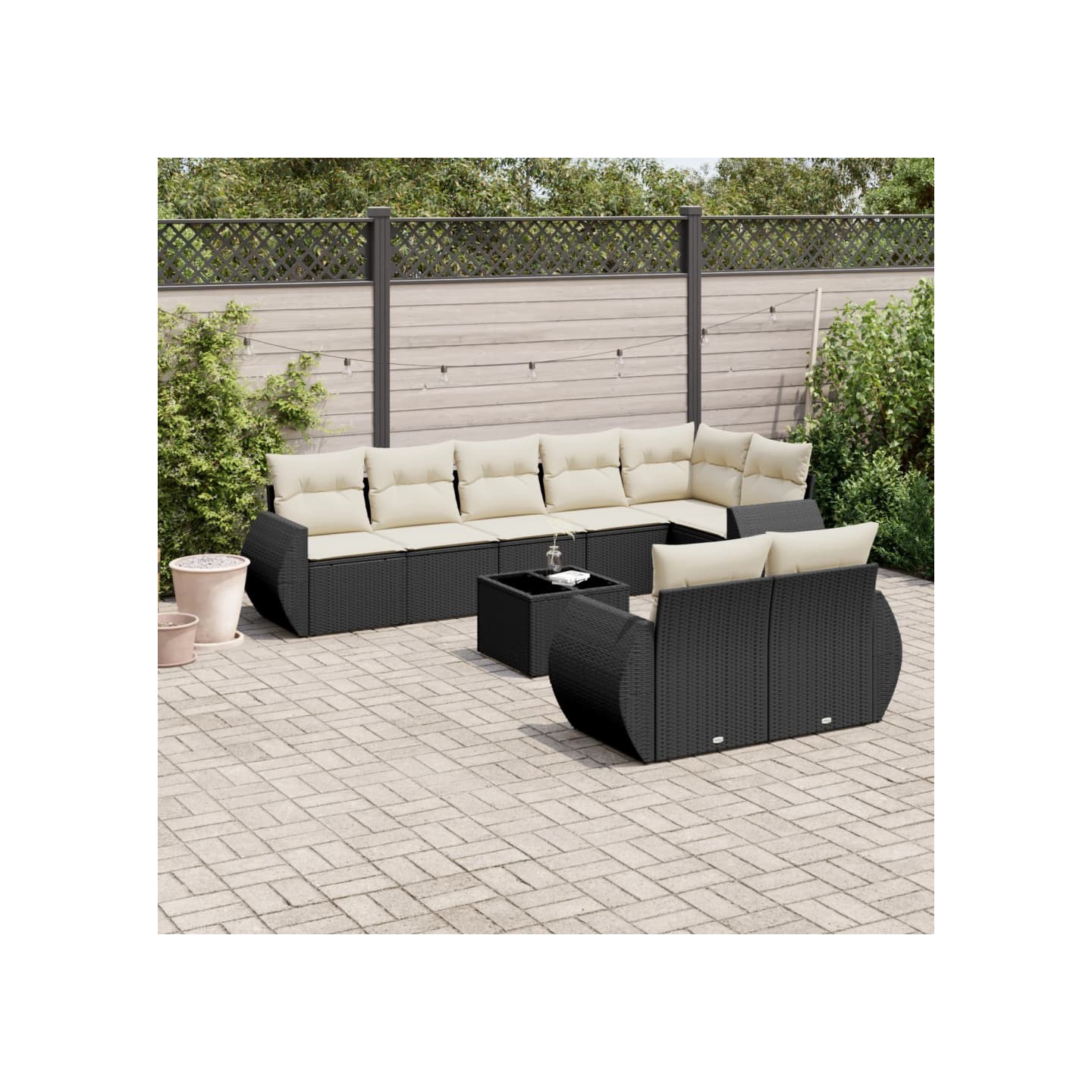 Salon de jardin 9 pcs avec coussins noir résine tressée