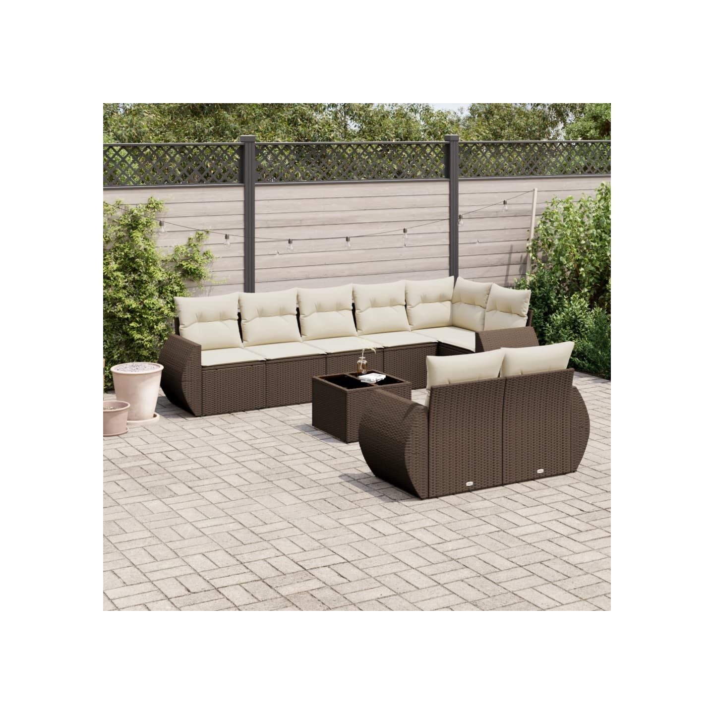 Salon de jardin avec coussins 9 pcs marron résine tressée