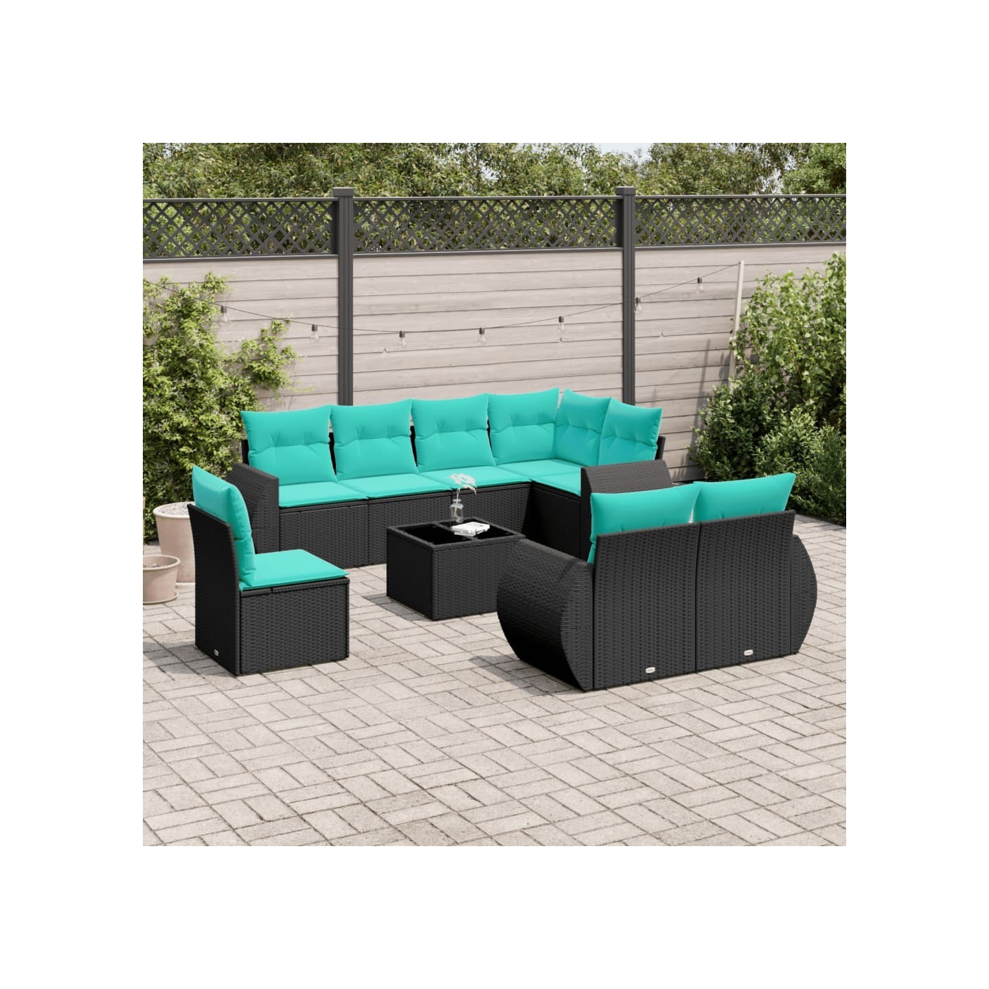Ensemble de canapé de jardin 9 pcs avec coussins noir résine tressée