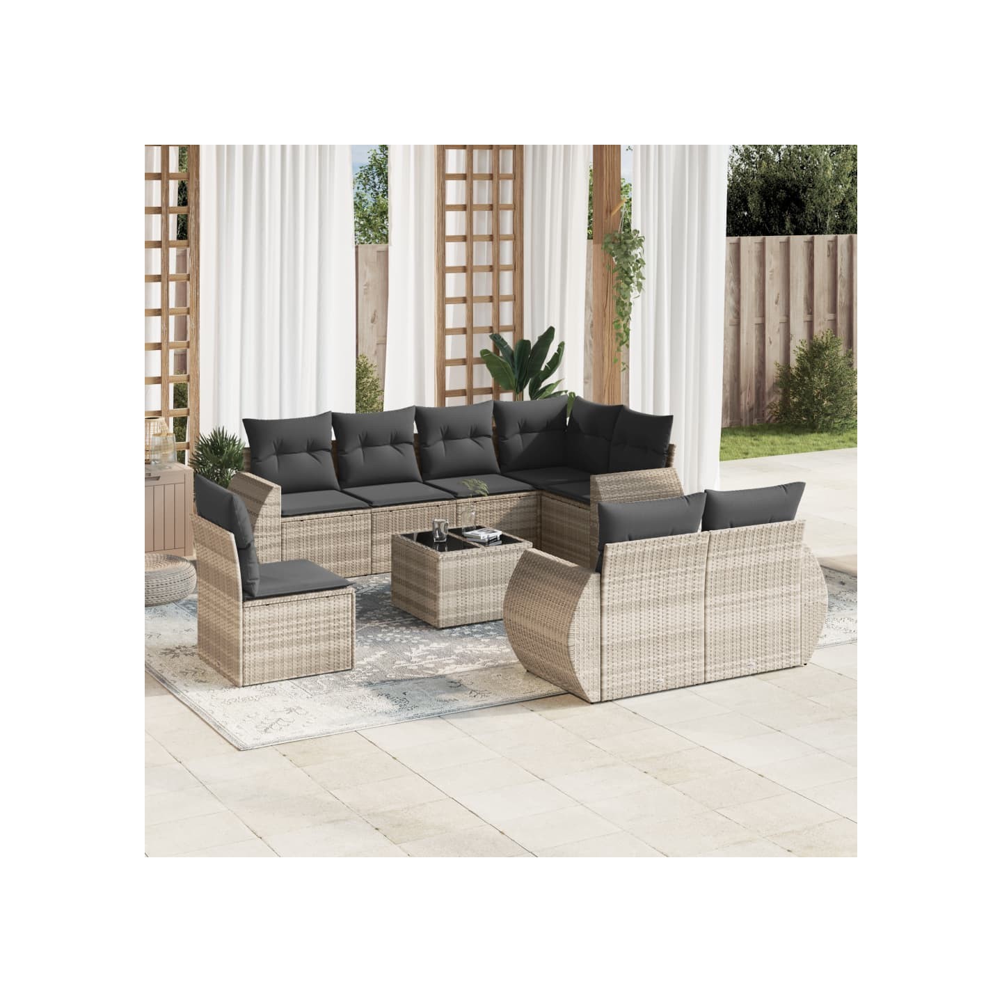 Salon de jardin 9 pcs avec coussins gris clair résine tressée