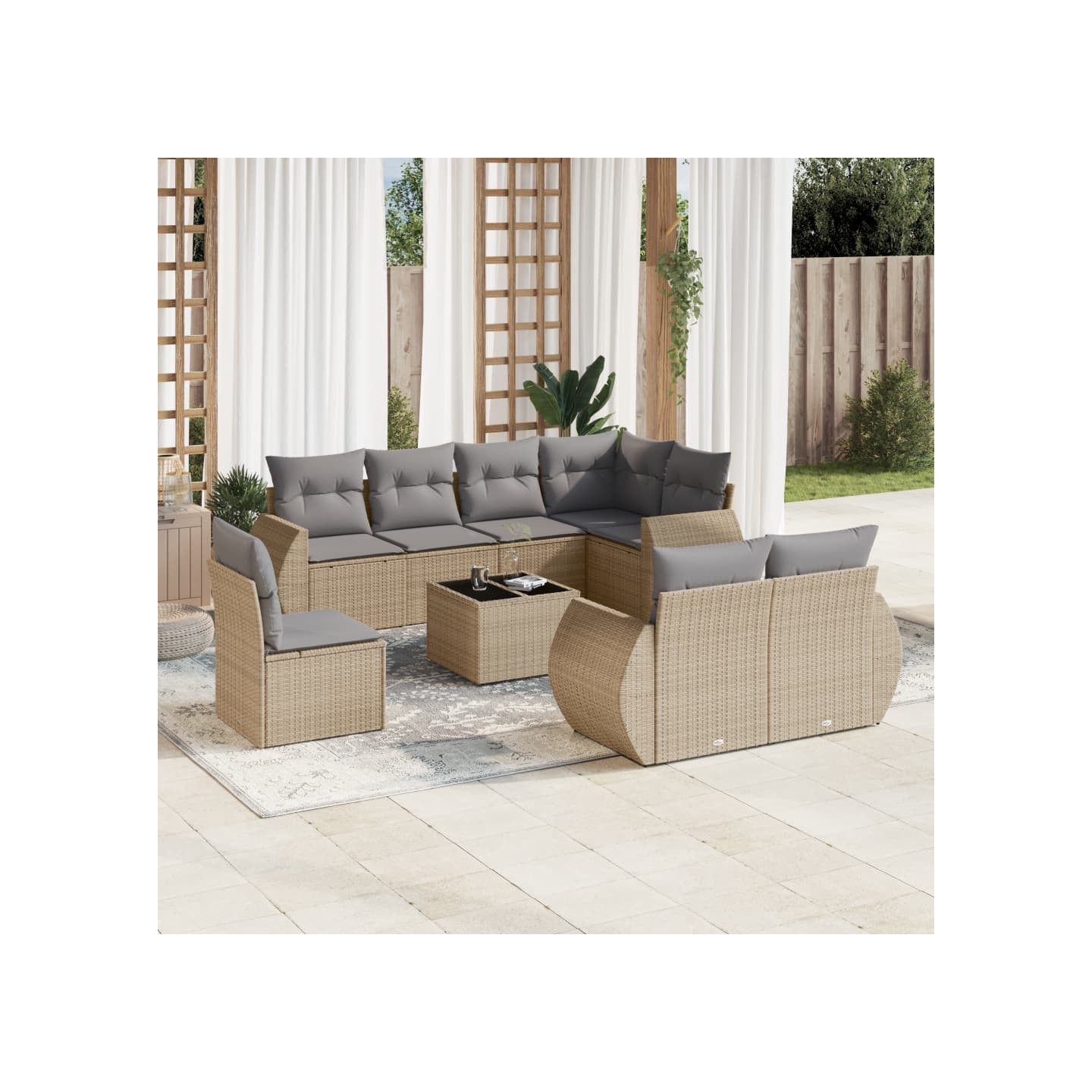 Salon de jardin avec coussins 9 pcs beige résine tressée