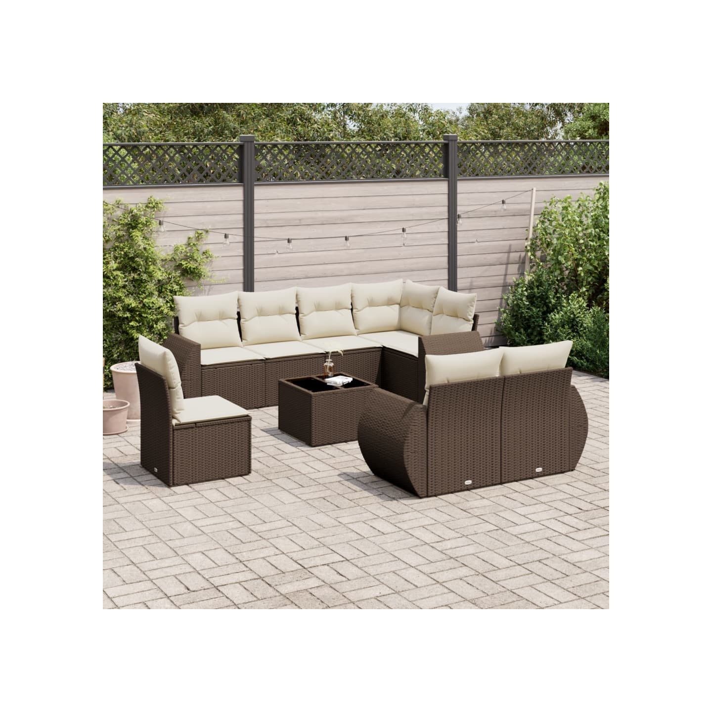 Salon de jardin avec coussins 9 pcs marron résine tressée