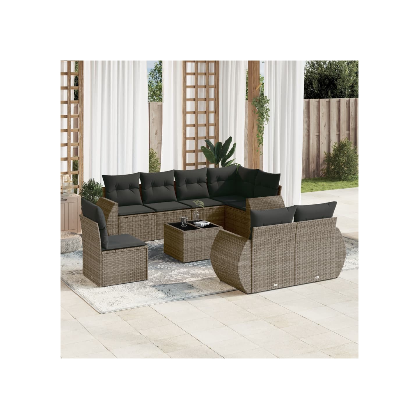 Salon de jardin 9 pcs avec coussins gris résine tressée