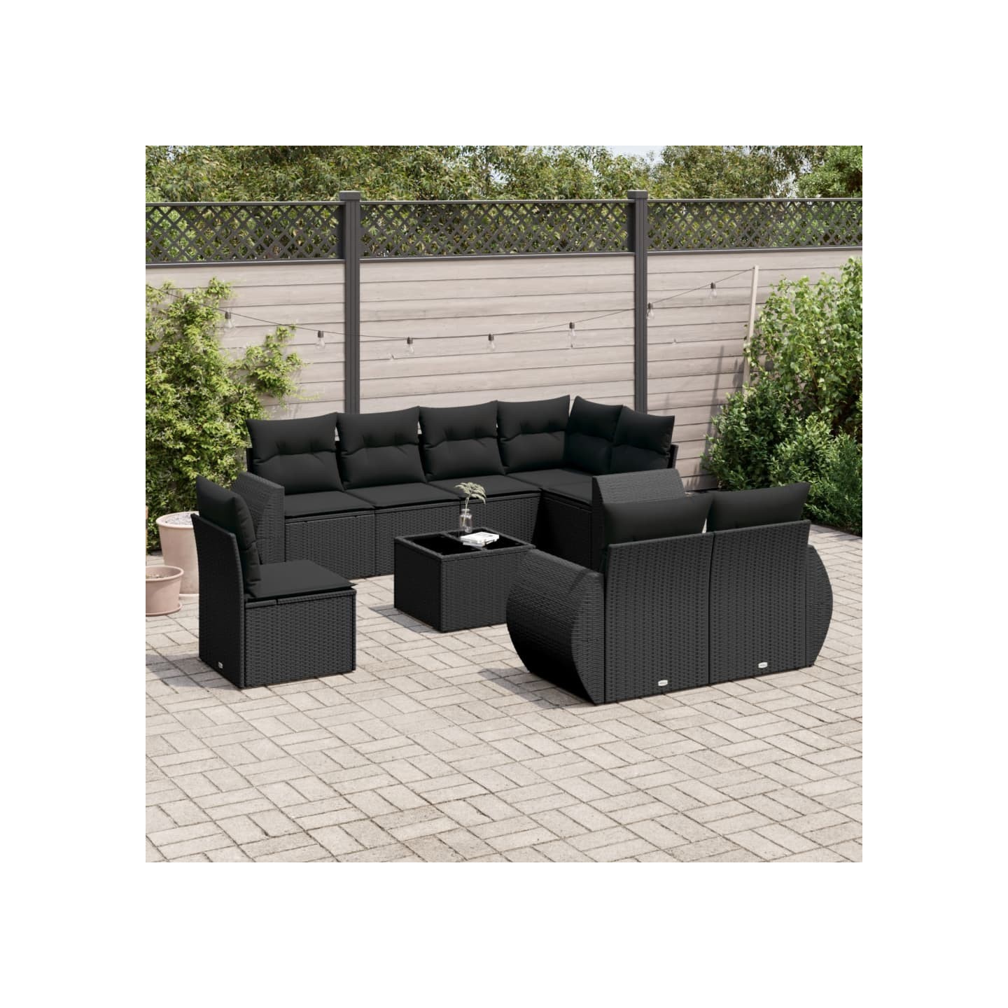 Salon de jardin 9 pcs avec coussins noir résine tressée