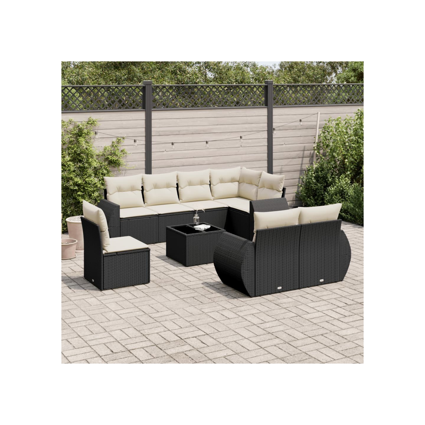 Salon de jardin 9 pcs avec coussins noir résine tressée