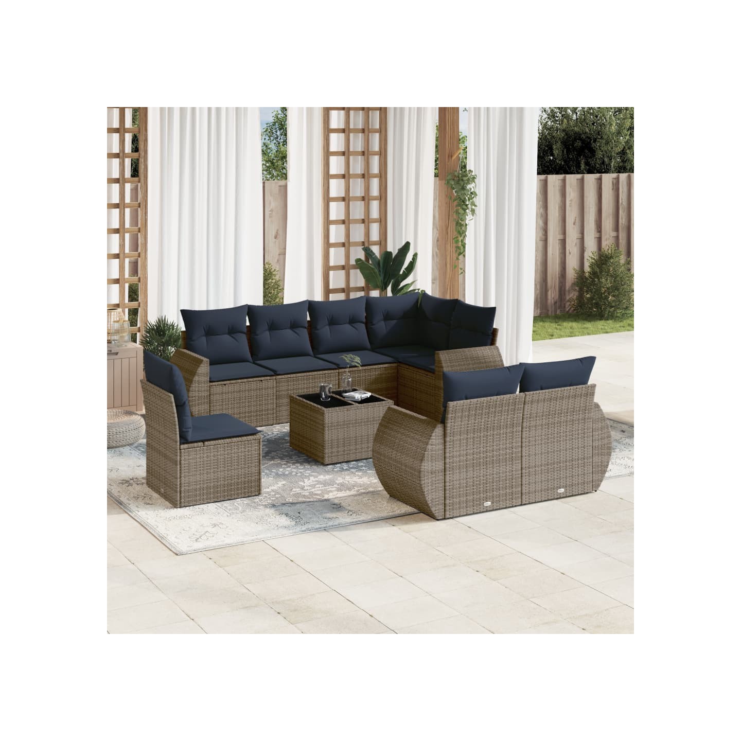 Ensemble de canapé de jardin 9 pcs avec coussins gris résine tressée