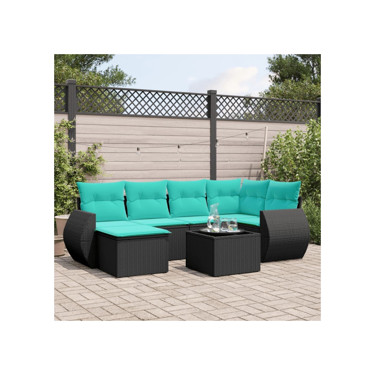 Ensemble de canapé de jardin 7 pcs avec coussins noir résine tressée