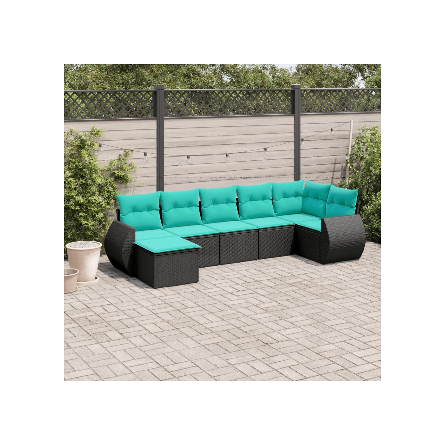 Salon de jardin 7 pcs avec coussins noir résine tressée