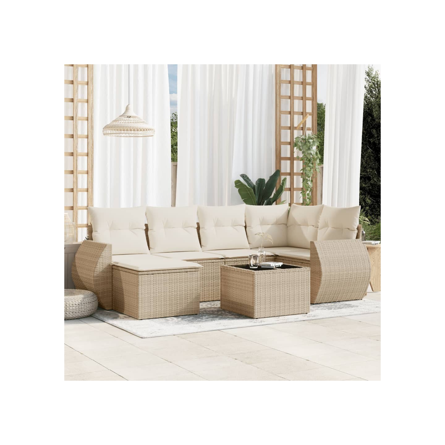 Salon de jardin avec coussins 7 pcs beige résine tressée