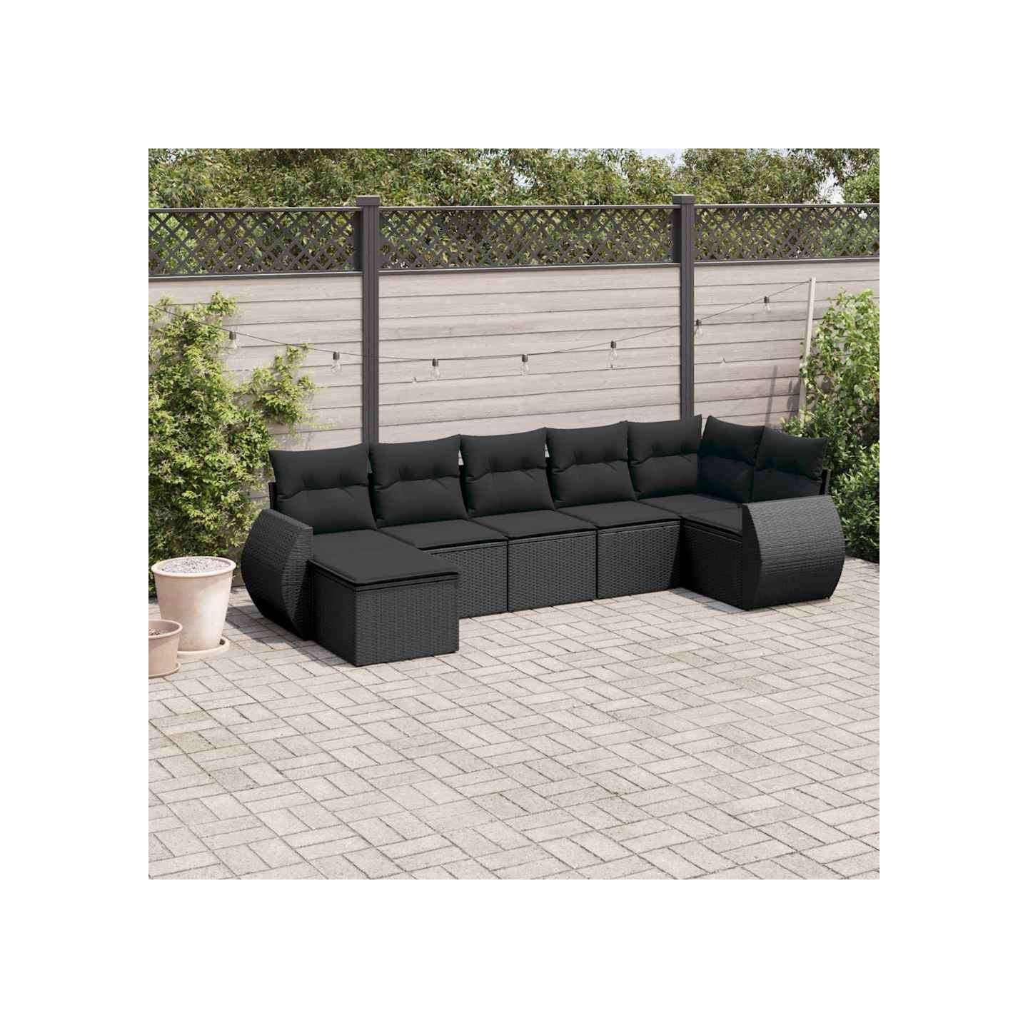 Salon de jardin 7 pcs avec coussins noir résine tressée