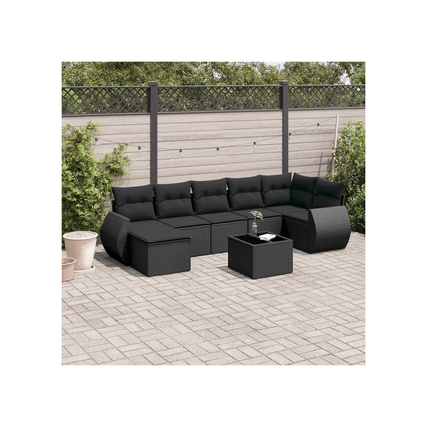 Salon de jardin 8 pcs avec coussins noir résine tressée