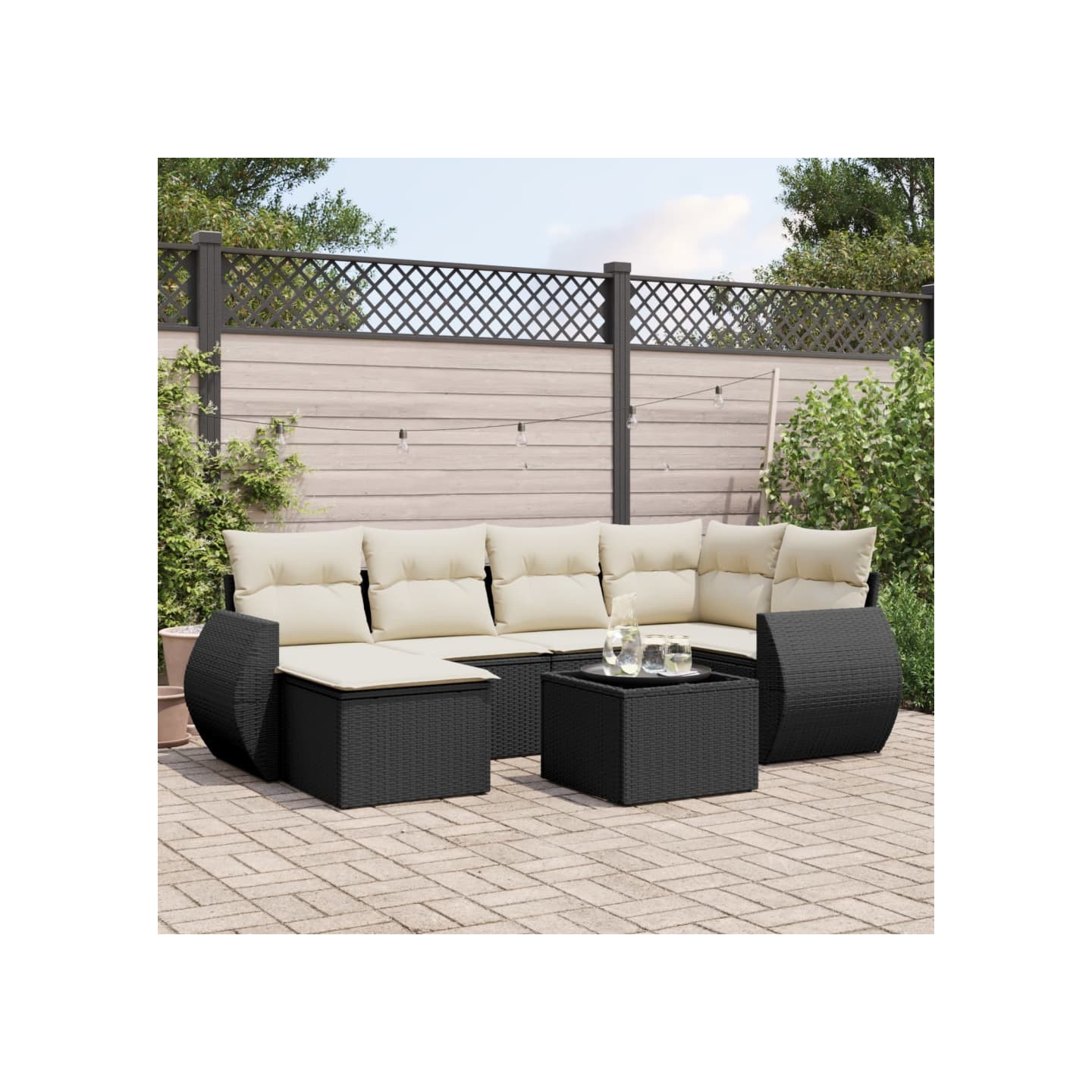 Salon de jardin 7 pcs avec coussins noir résine tressée