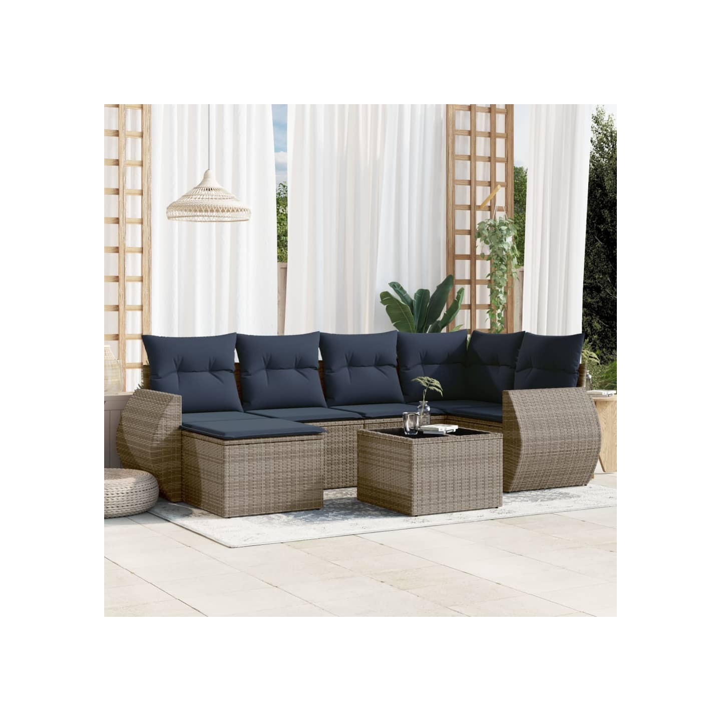 Ensemble de canapé de jardin 7 pcs avec coussins gris résine tressée