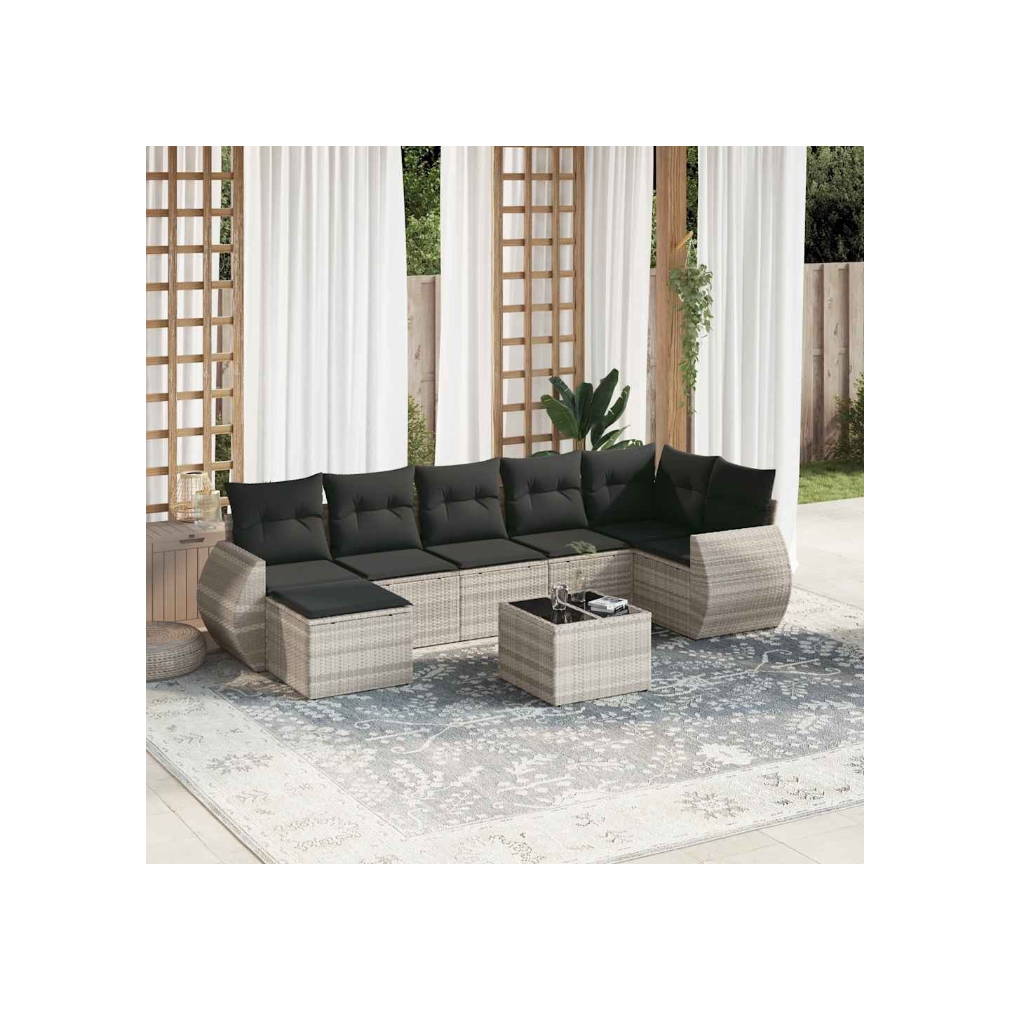 Salon de jardin 8 pcs avec coussins gris clair résine tressée