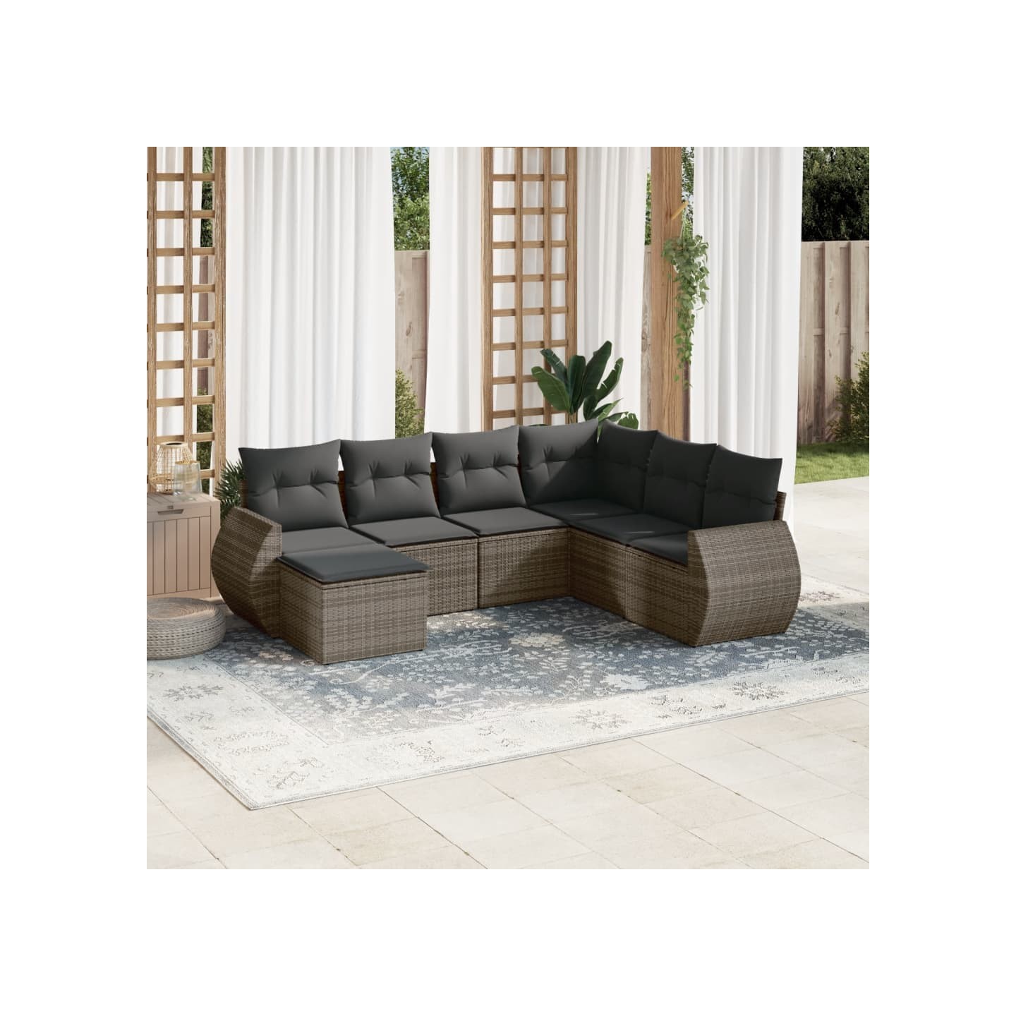 Salon de jardin avec coussins 7 pcs gris résine tressée
