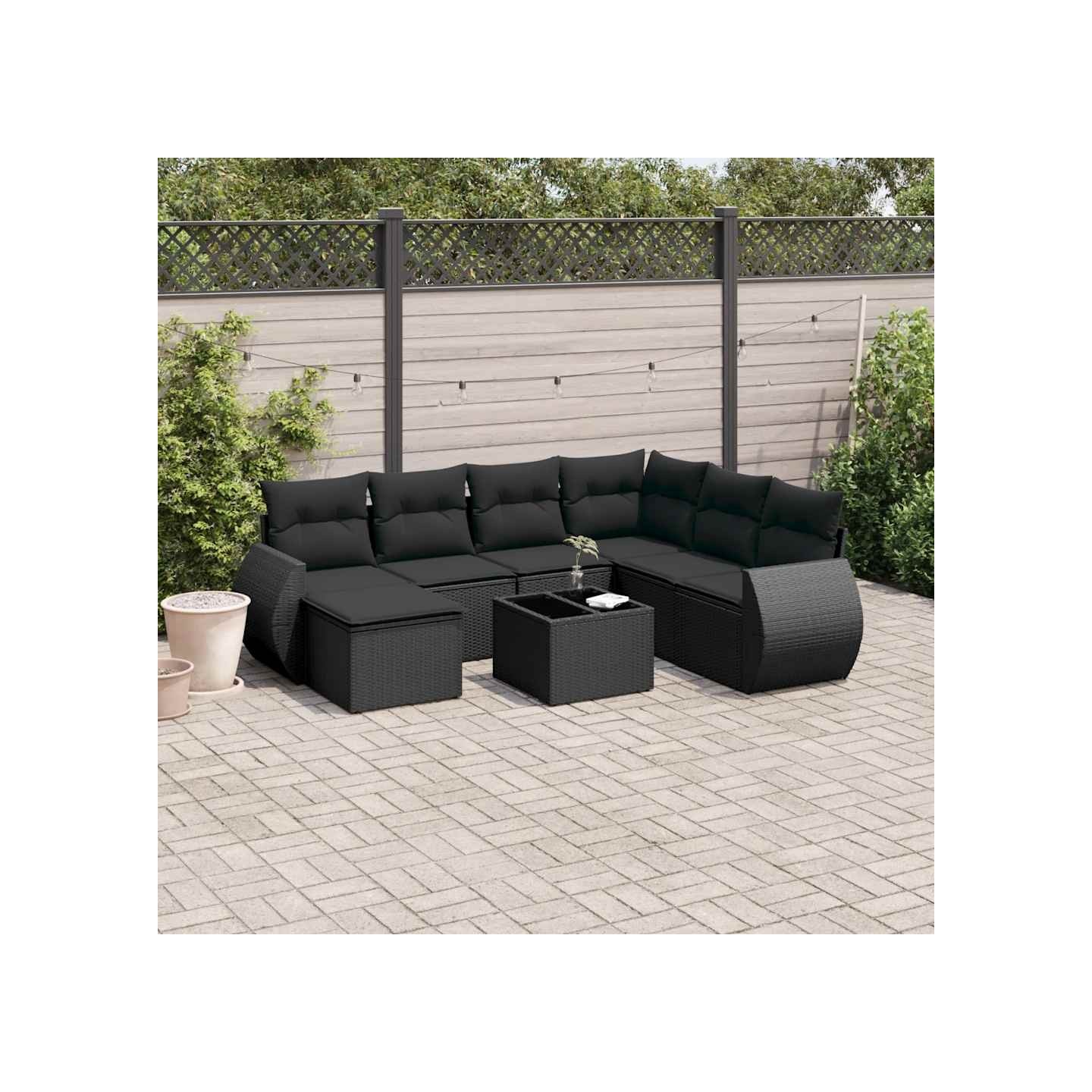 Salon de jardin 8 pcs avec coussins noir résine tressée