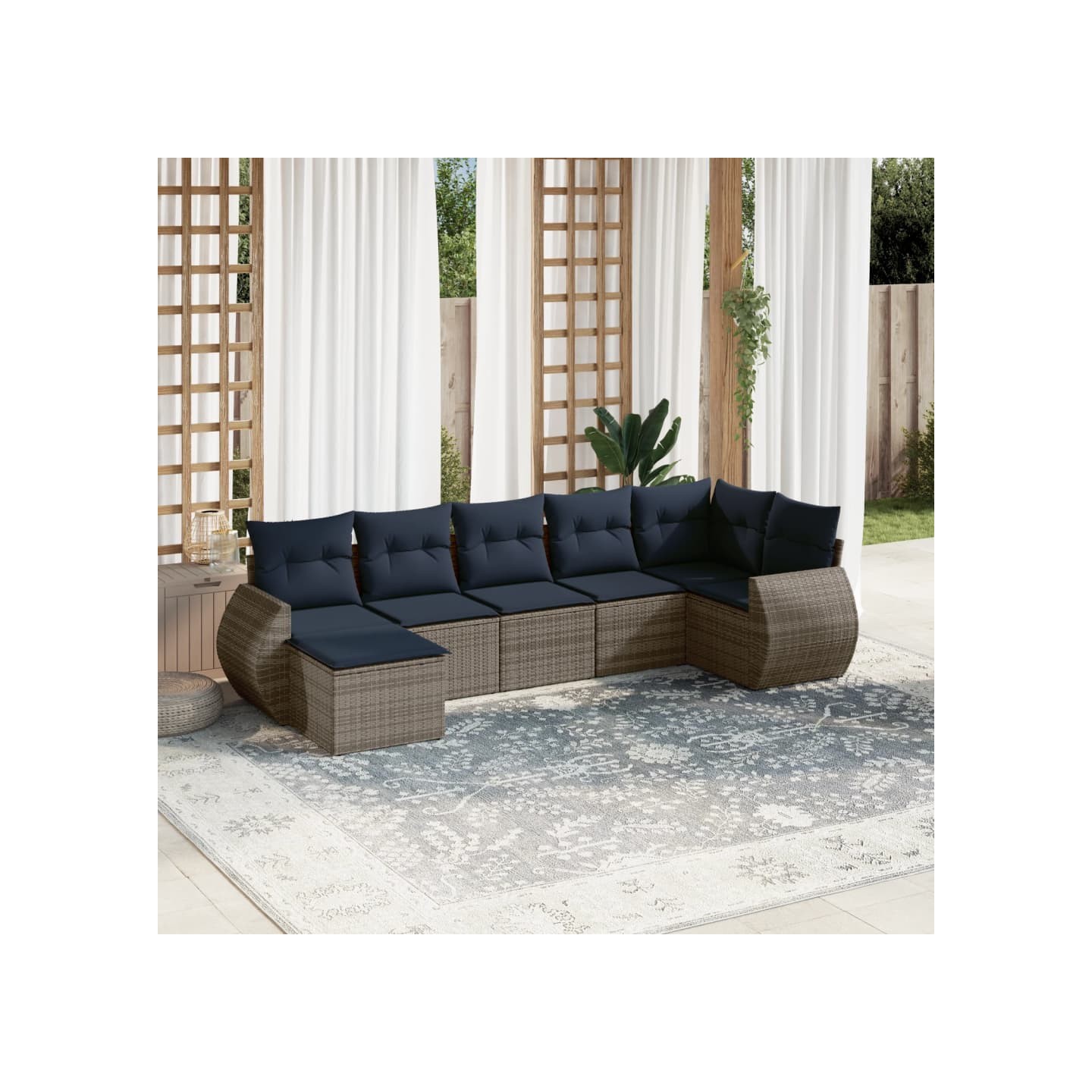 Ensemble de canapé de jardin 7 pcs avec coussins gris résine tressée