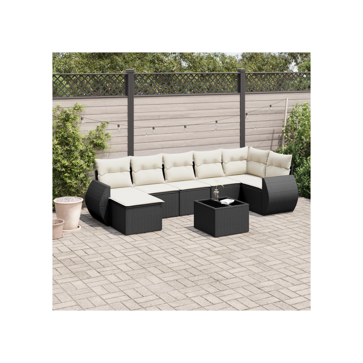 Salon de jardin 7 pcs avec coussins noir résine tressée