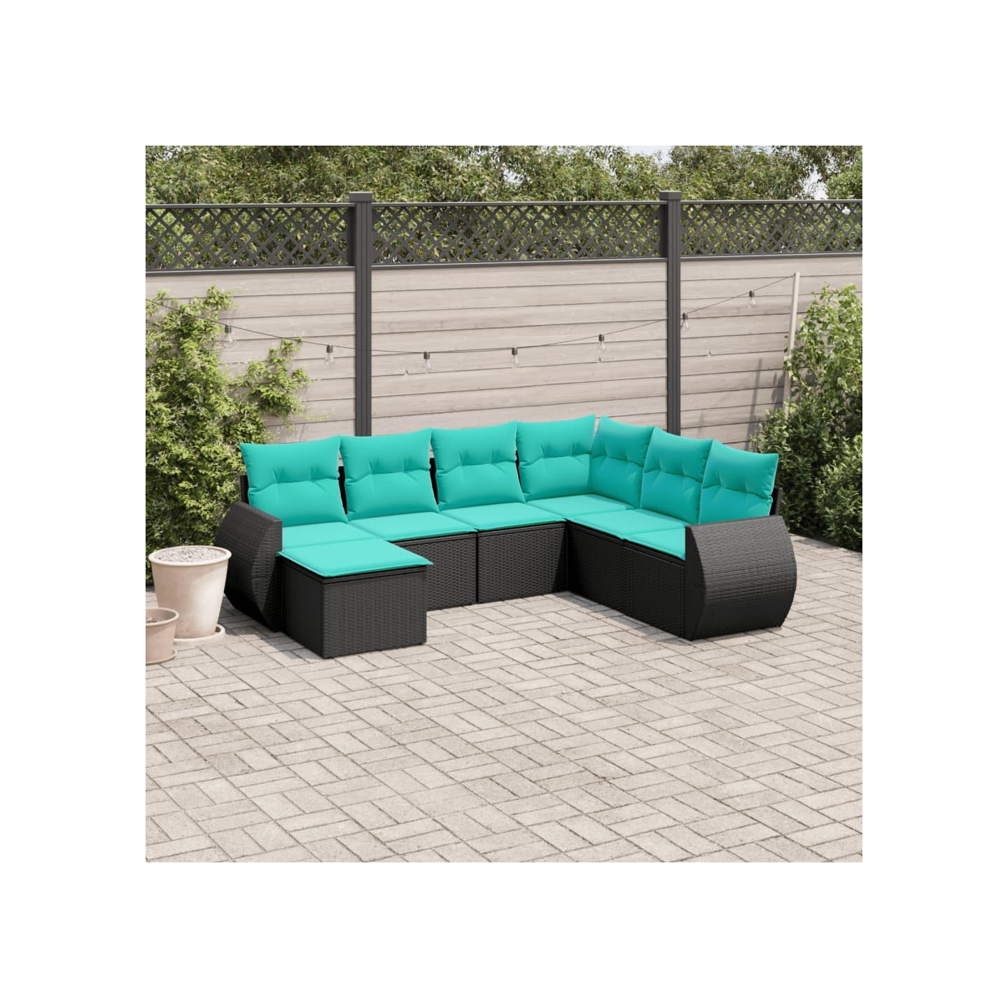 Salon de jardin 7 pcs avec coussins noir résine tressée