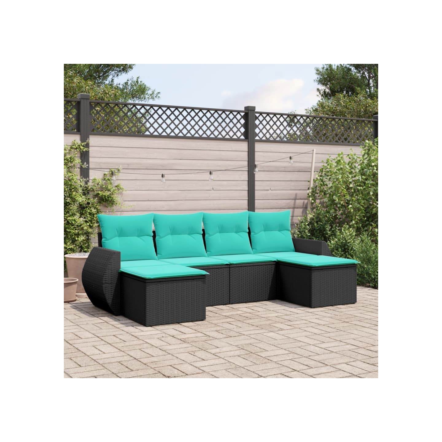 Salon de jardin 6 pcs avec coussins noir résine tressée