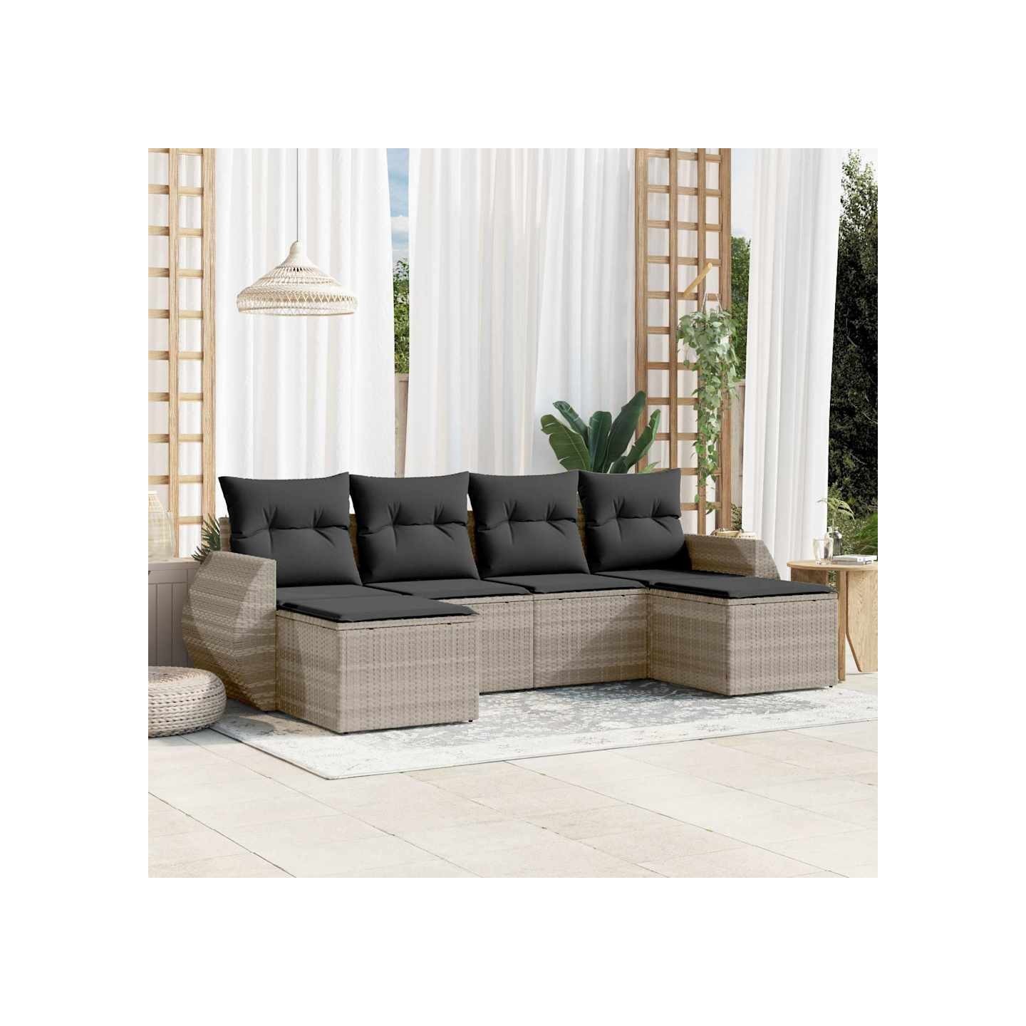 Salon de jardin 6 pcs avec coussins gris clair résine tressée
