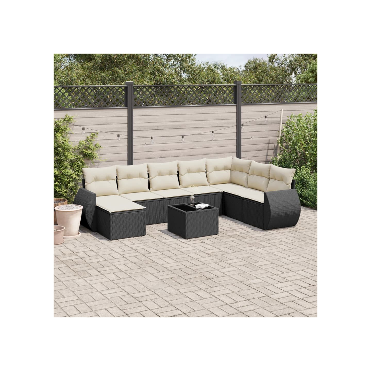 Salon de jardin 9 pcs avec coussins noir résine tressée