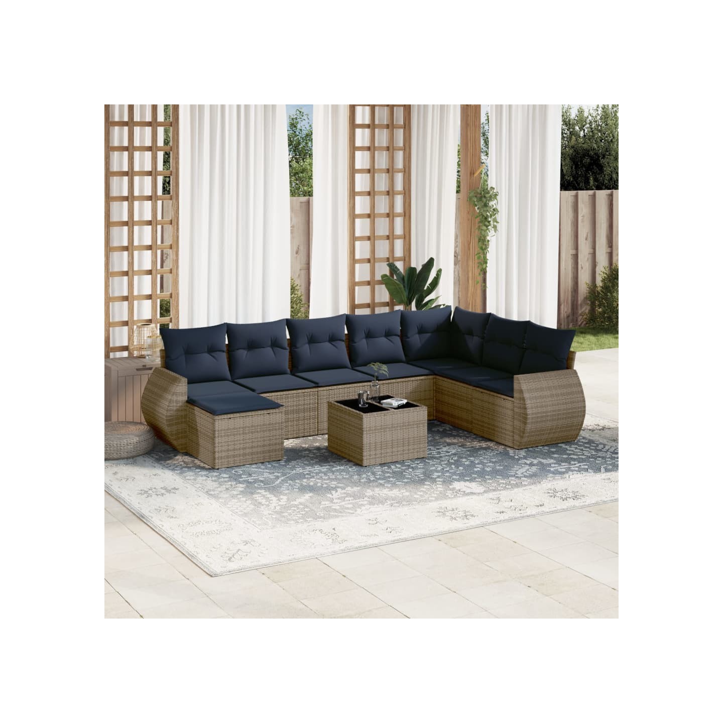 Ensemble de canapé de jardin 9 pcs avec coussins gris résine tressée