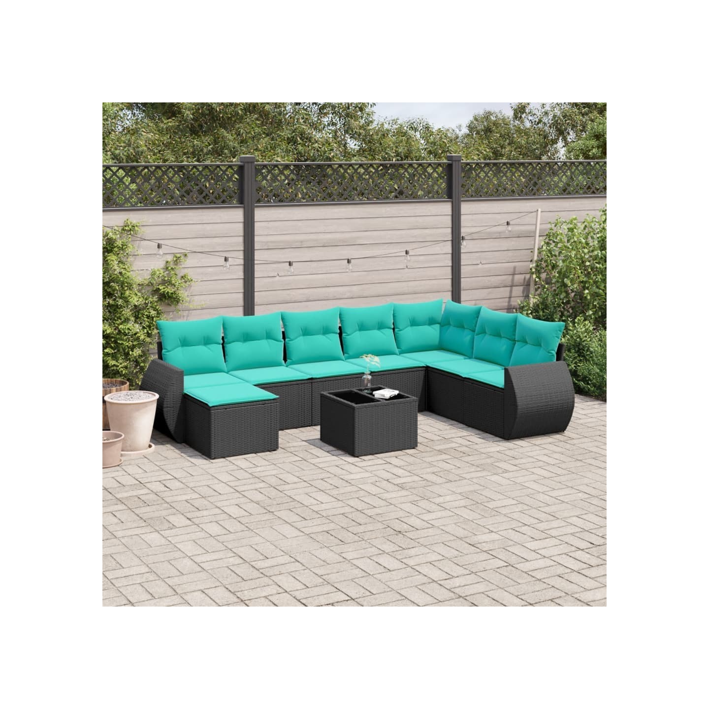 Ensemble de canapé de jardin 9 pcs avec coussins noir résine tressée