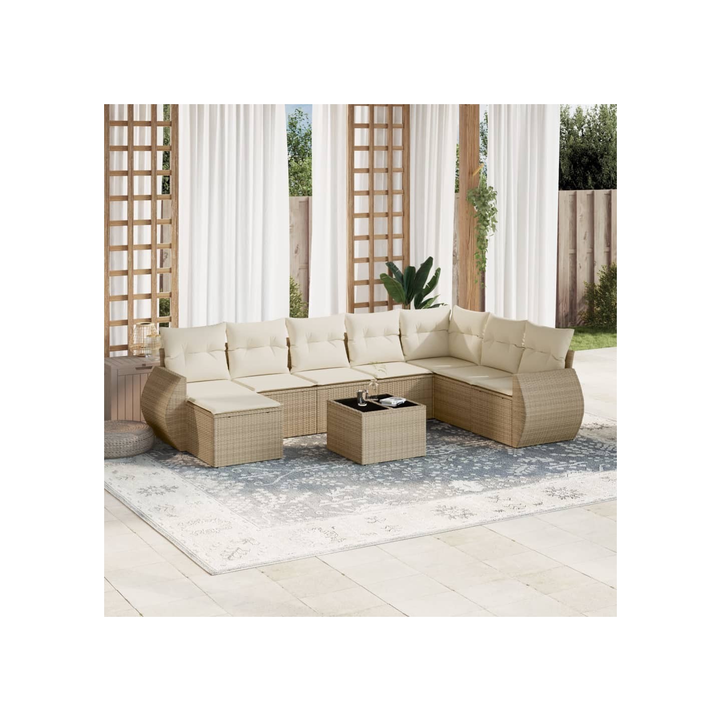 Salon de jardin avec coussins 9 pcs beige résine tressée