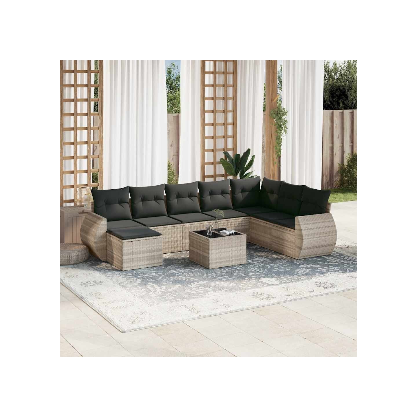 Salon de jardin 9 pcs avec coussins gris clair résine tressée