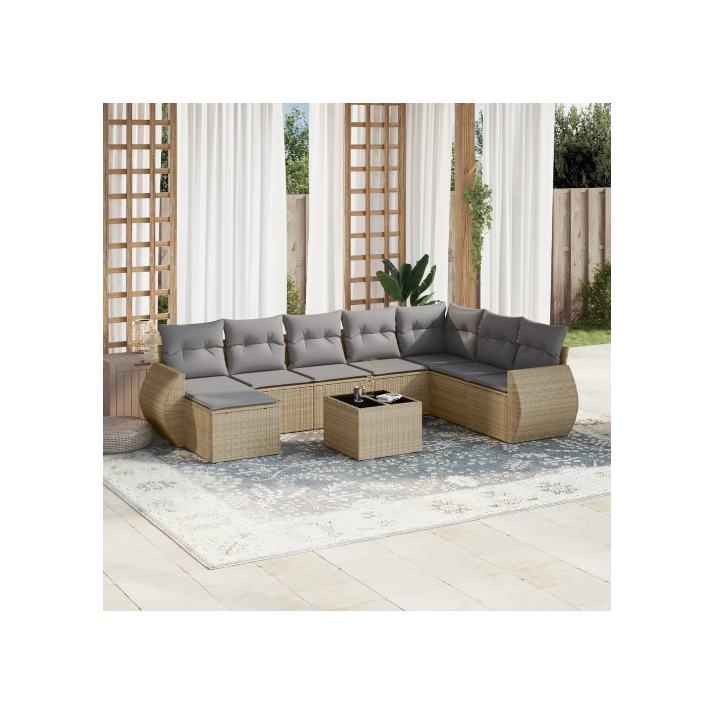 Salon de jardin avec coussins 9 pcs beige résine tressée